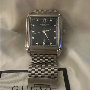 Kenneth Cole Silver-Tone Square Watch with Black Dial